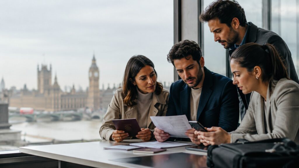 Grupo de ciudadanos españoles revisando documentación migratoria con Londres al fondo