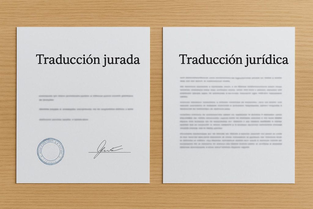 Dos documentos sobre una mesa: uno con sello y firma titulado Traducción jurada, y otro con contenido legal titulado Traducción jurídica