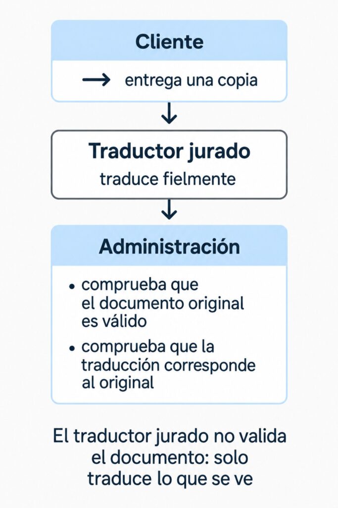 Esquema del proceso de una traducción jurada: el cliente entrega una copia, el traductor jurado la traduce fielmente y la Administración comprueba que el documento original es válido y que la traducción le corresponde. El traductor jurado no valida el documento: solo traduce lo que se ve