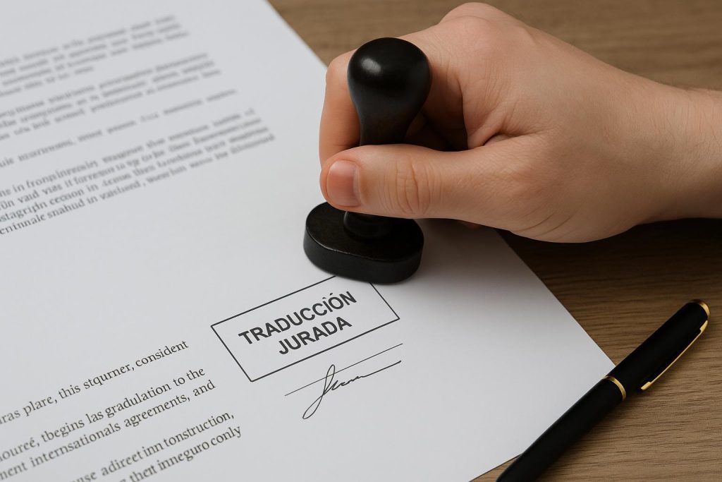 Documento oficial siendo sellado por un traductor jurado con la certificación Traducción Jurada
