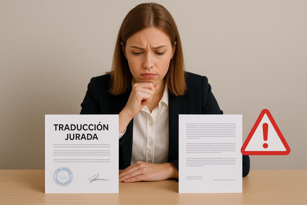 Persona pensativa comparando dos documentos para verificar si una traducción jurada es auténtica y válida