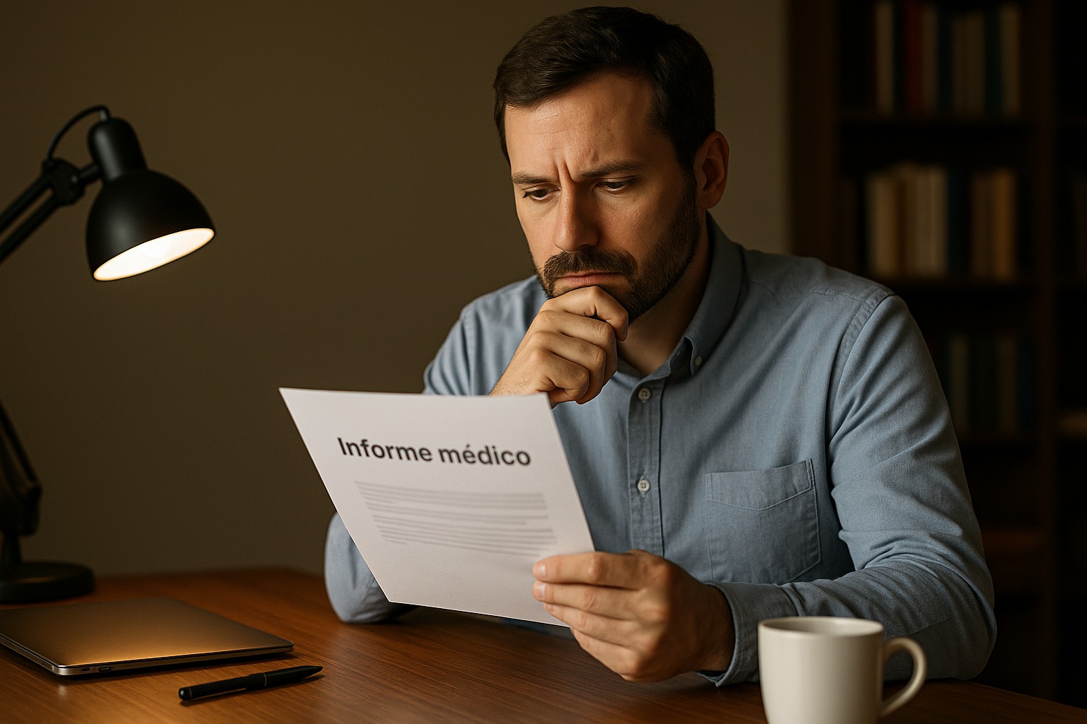 Traductor jurado pensativo revisando un informe médico sobre la mesa, ilustrando si debe un traductor jurado aceptar cualquier tipo de texto.