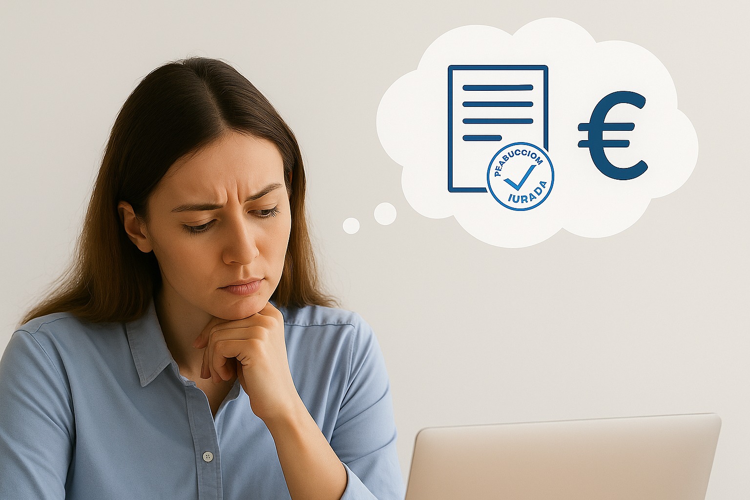 Persona pensativa con una nube de pensamiento que muestra un documento y un símbolo de euro, representando el precio de una traducción jurada.