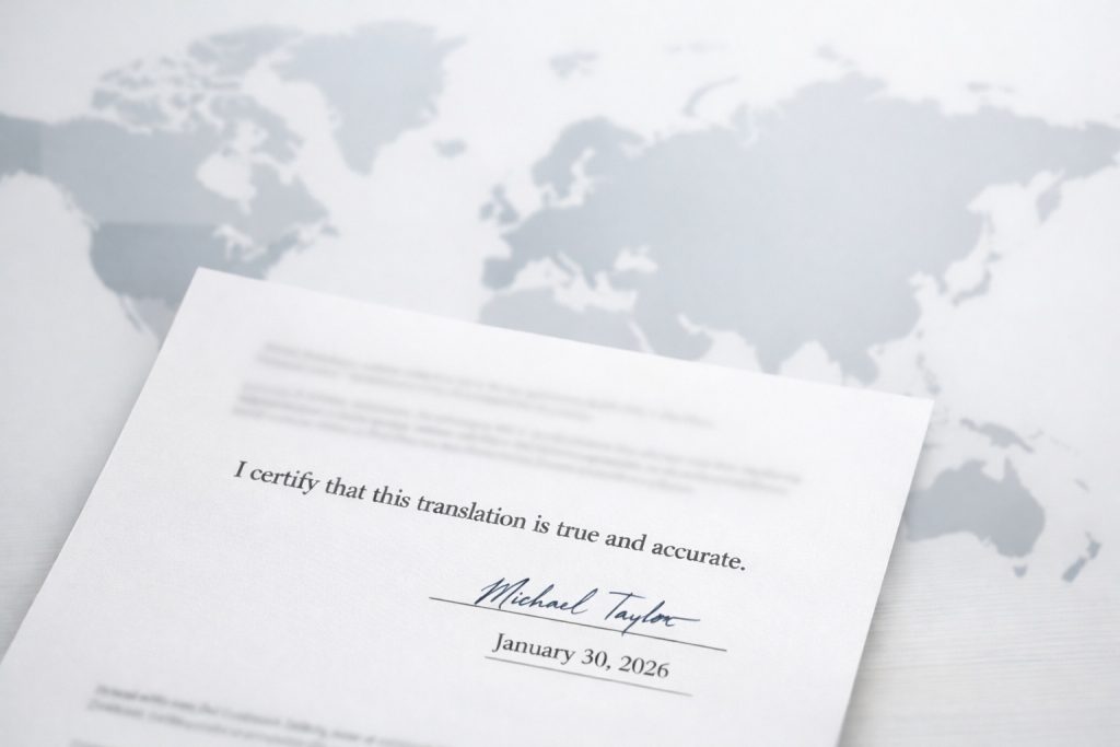 Documento de traducción certificada en inglés con declaración de exactitud y mapa de países de Common Law al fondo.