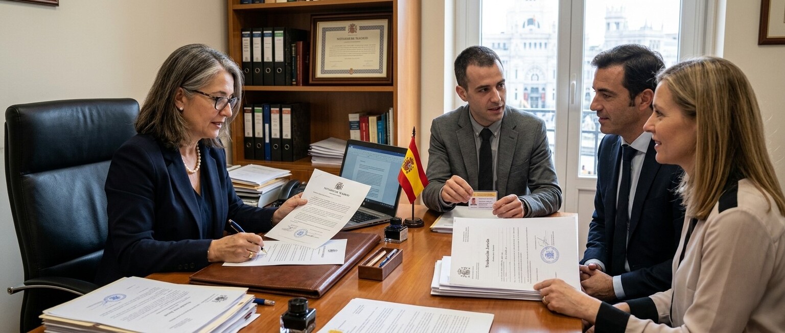 pareja en una cita con notario y traductor, mostrando la interacción entre ambos puestos dentro del proceso legal de documentos