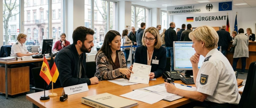Personas realizando trámites de traducción jurada española en una oficina administrativa en Alemania
