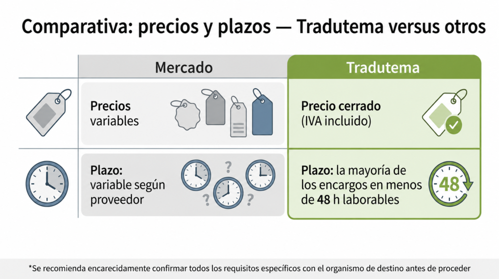 Comparativa de precios y plazos de traducción jurada entre mercado y Tradutema en España