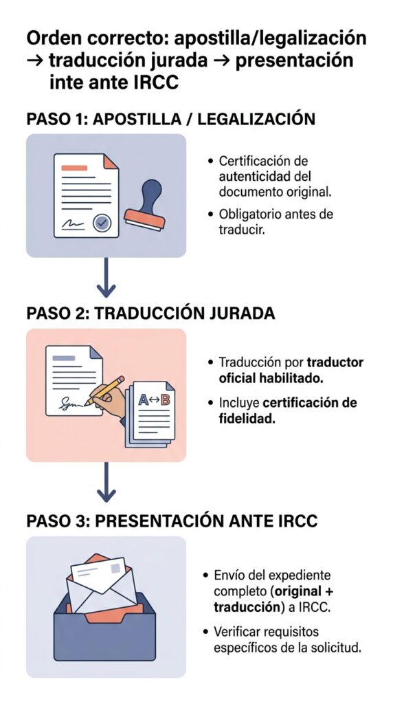 Orden correcto: apostilla/legalización → traducción jurada