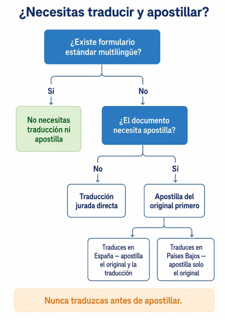 Árbol de decisión sobre apostilla y traducción jurada de documentos españoles para Países Bajos