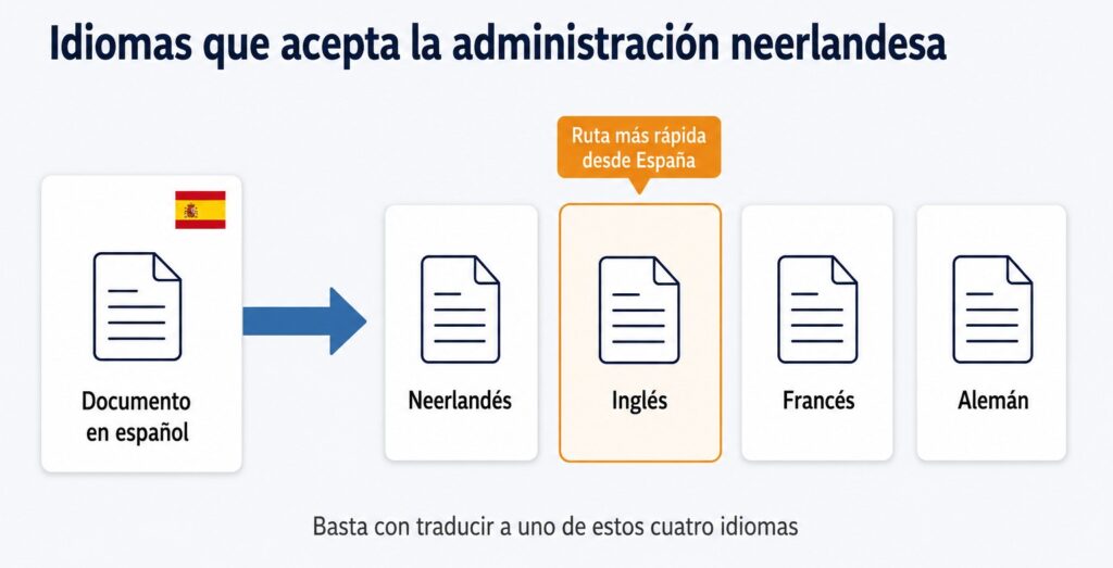 Idiomas aceptados por la administración neerlandesa: neerlandés, inglés, francés y alemán