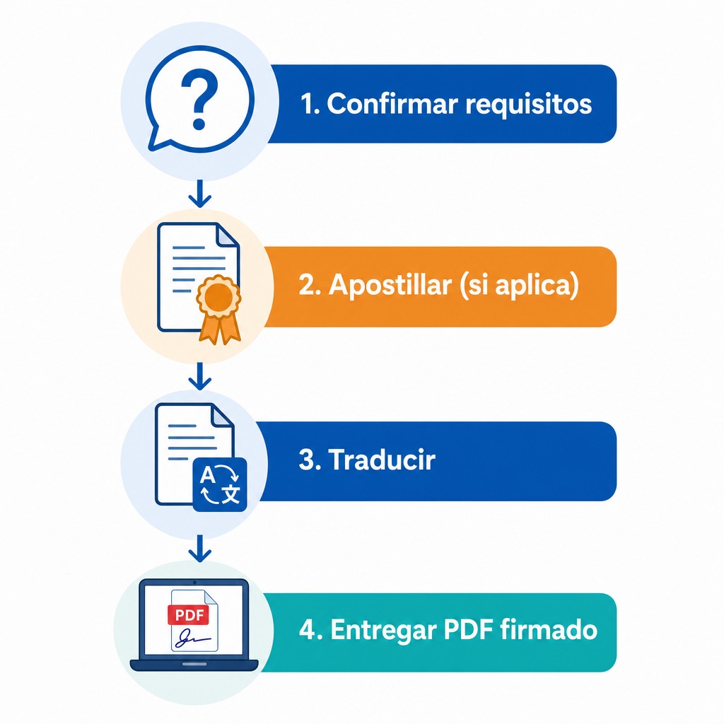 Diagrama del orden correcto del trámite: confirmar requisitos, apostillar si aplica, traducir, entregar PDF firmado